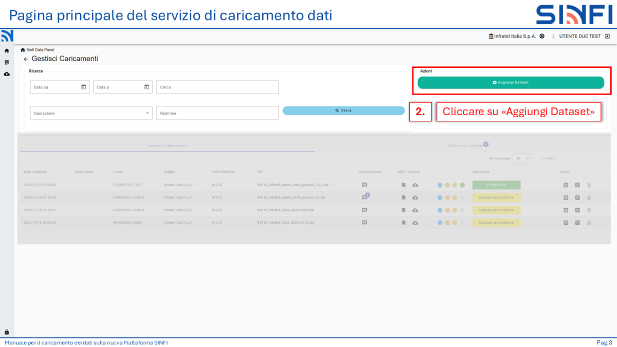 Pagina principale del servizio di caricamento dati